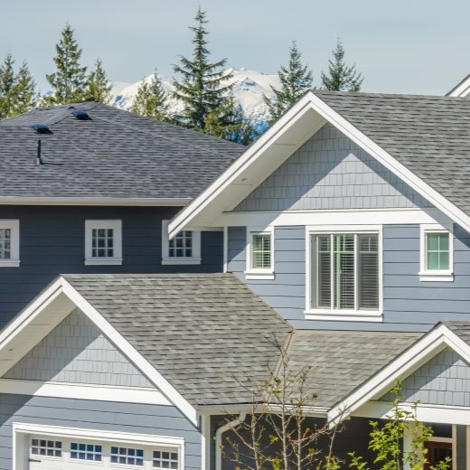 Close up of residential home with asphalt shingles